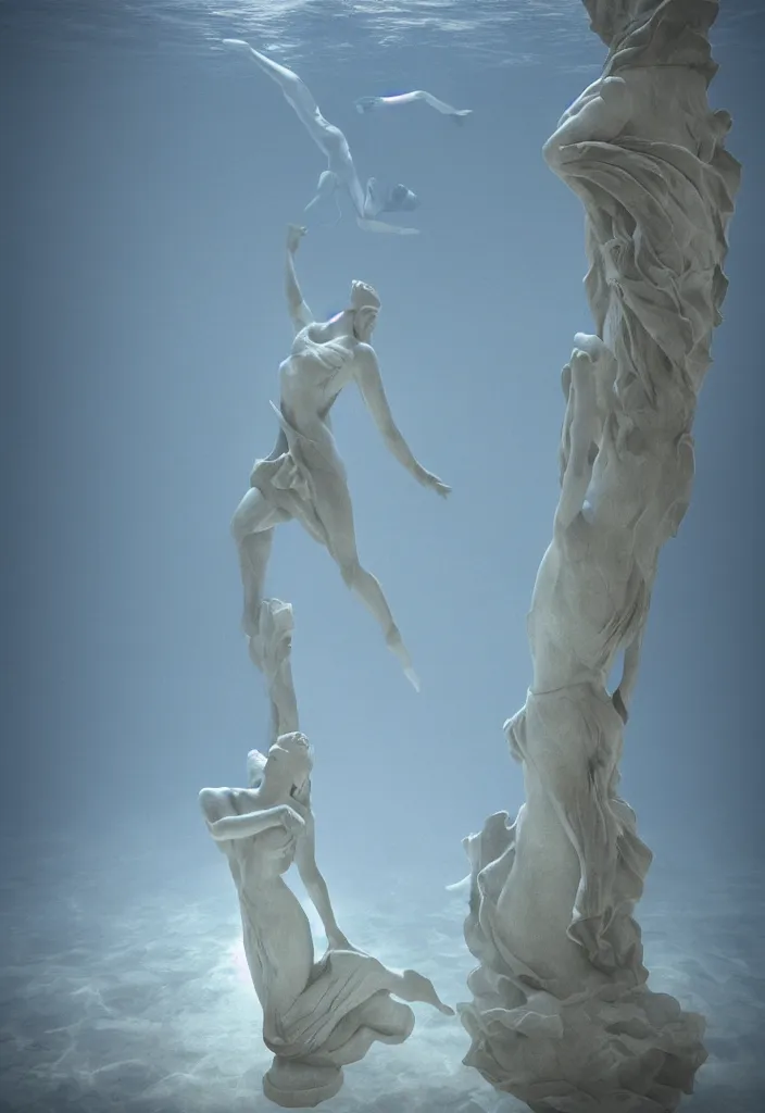 Prompt: an underwater dance between two lightning geometries. complementary colors. national geographic. 8 k, rendered in octane, smooth gradients. soft natural volumetric cinematic light. subsurface scattering. sculpture by antonio canova.