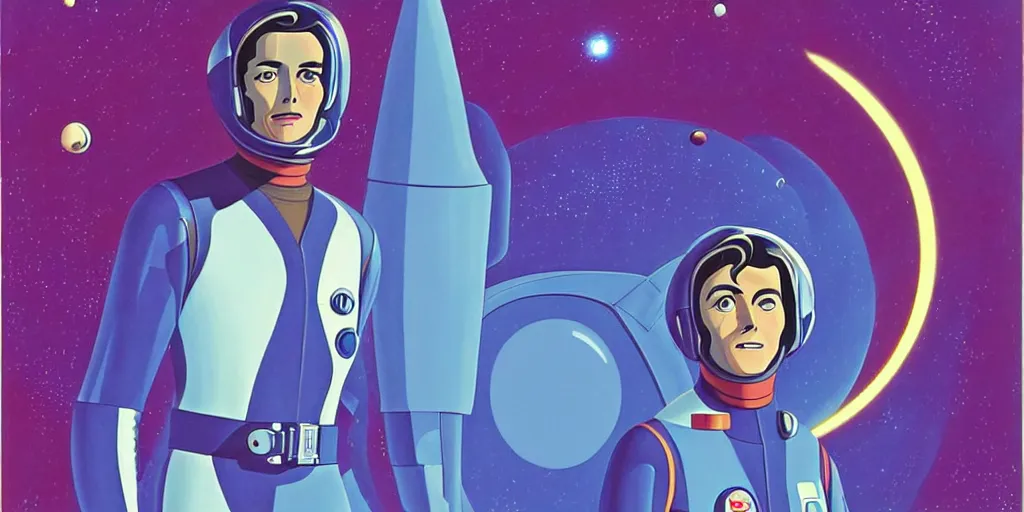 Image similar to a portrait of lonely single Alain Delon alone pilot in spacesuit posing in symmetrical spaceship station planet captain bridge outer worlds hyper contrast in FANTASTIC PLANET La planète sauvage animation by René Laloux