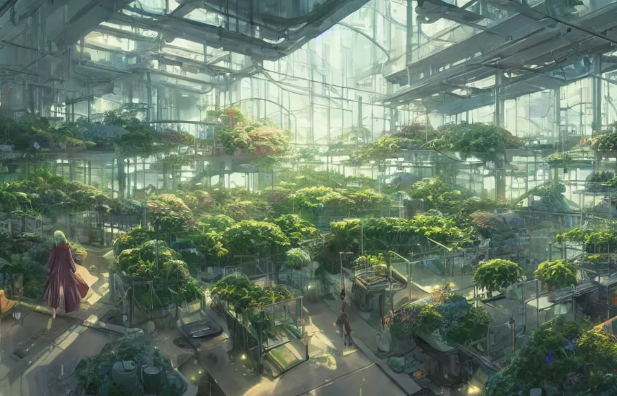 Image similar to concept art of a lush indoor hydroponics lab in a far - future utopian city, key visual, ambient lighting, highly detailed, digital painting, artstation, concept art, sharp focus, by makoto shinkai and akihiko yoshida and hidari and wlop