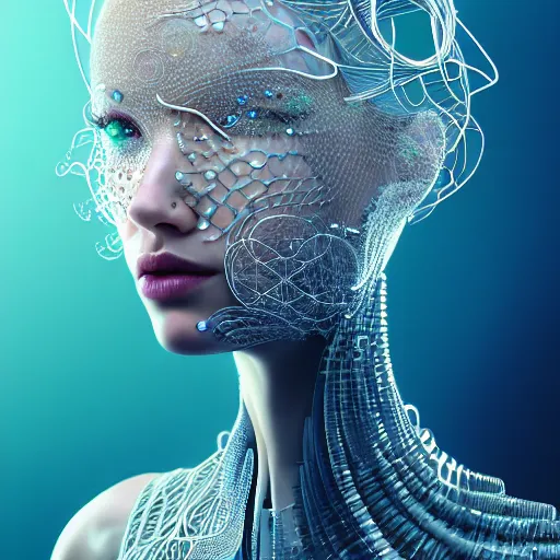 Image similar to portrait of an absurdly beautiful, graceful, sophisticated, fashionable cyberpunk mechanoid, hyperdetailed illustration by irakli nadar, matt wisniewski style, intricate linework, white porcelain skin, iridescent fractal headdress, day - glow facepaint, jellyfish ruff, unreal engine 5 highly rendered, global illumination, blue light, detailed and intricate environment