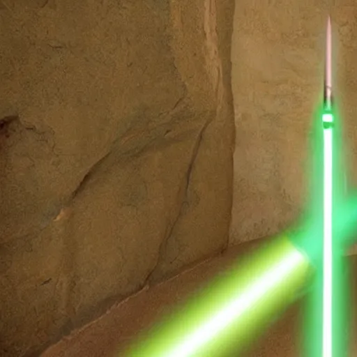 Prompt: a lightsaber flying through a cave lighting up the walls as it spins through