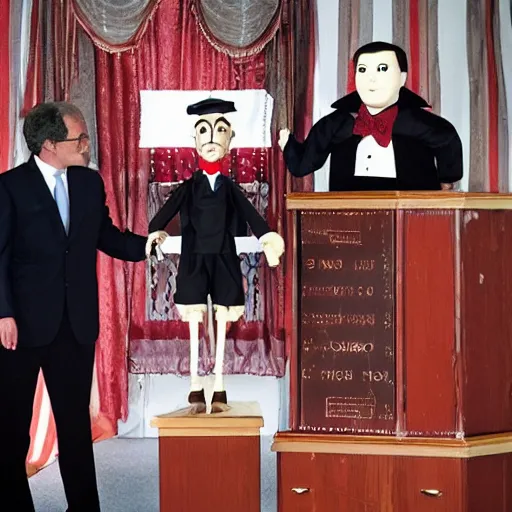 Image similar to puppeteer using marionette of a president in a podium