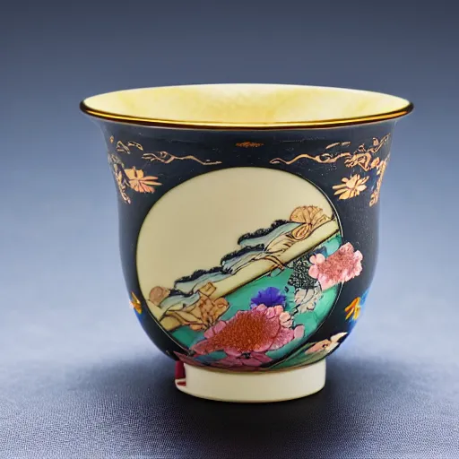 Image similar to astonishing japanese tea cup with amazing artwork on the side, product shoot, studio lighting
