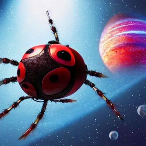 Image similar to film still, future ladybug ( ( descendants ) ), ladybug quadruped with big rgb eyes, huge ladybug mothership, epic cosmos, dramatic lighting, ( e. t. the extra - terrestrial ) imax, 7 0 mm.