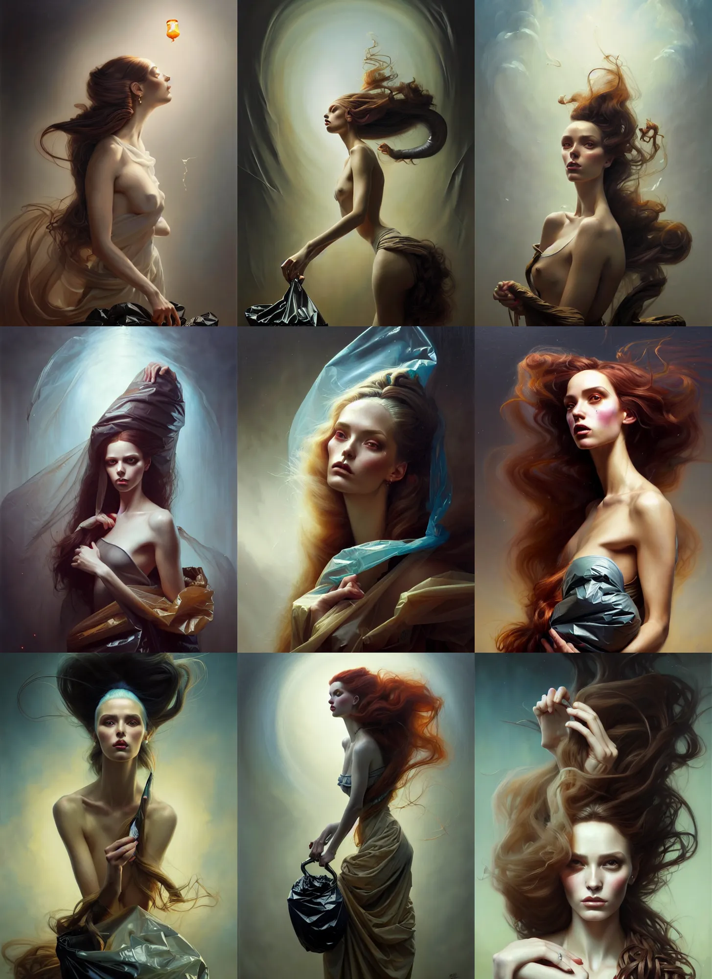 Prompt: fine art portrait oil painting of a beautiful woman with long hair wearing a plastic garbage bag for clothes, perspective, ultra detailed, elegant, intricate, dynamic lighting, hyperrealism, sharp focus, art by peter mohrbacher and tom bagshaw and andrei riabovitchev