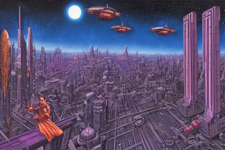 Prompt: a scifi illustration, Night City on Coruscant by joe jusko