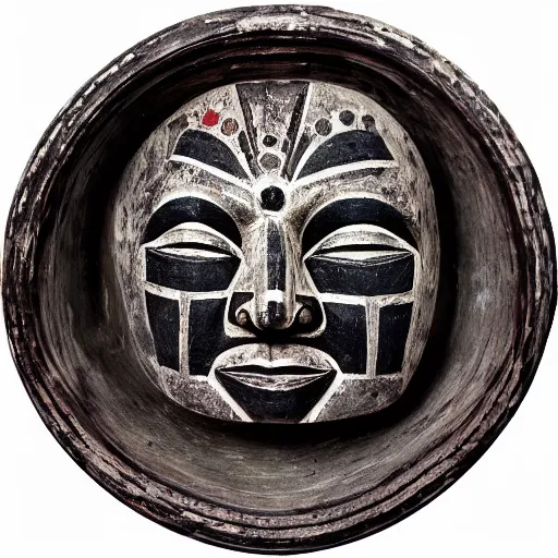 Image similar to photo portrait of precolumbian aztec shamanic metal face mask with fine detail engravings and runes cultist lord rich baron by Diane Arbus and Louis Daguerre