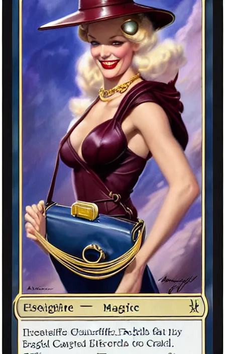 Image similar to a beautiful lady on a magic the gathering card by magali villeneuve and gil elvgren, crisp details, hyperrealism, smiling, happy, feminine facial features, stylish navy blue heels, gold chain belt, cream colored blouse, maroon hat, windblown, holding a leather purse, mtg card, mtg