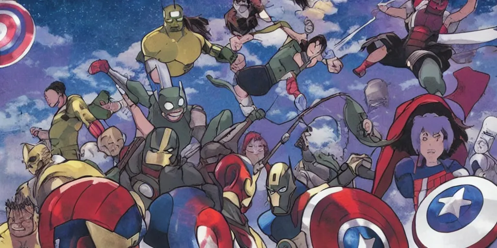 Image similar to studio ghibli image of marvel's the avengers fighting thanos