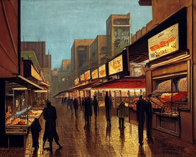 Image similar to street with food stands in a cyberpunk city on a rainy melancholy night by de chirico