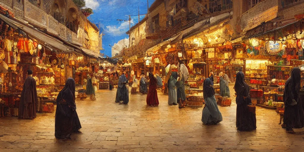 Image similar to Highly detailed romantic period oil painting of a Middle Eastern bazaar, strong atmosphere, oil painting masterpiece by Josep Tapiró Baró, symmetry, fractals