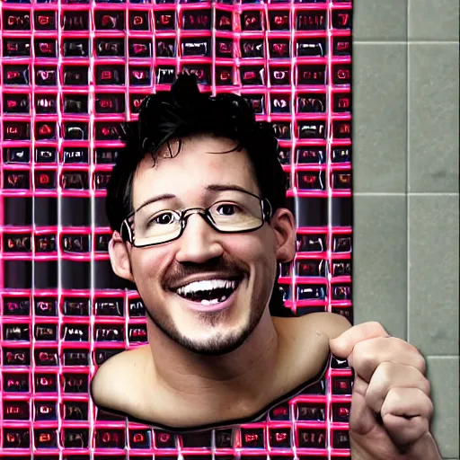 Prompt: a caricature of Markiplier inside a shower full of money which covers his body.