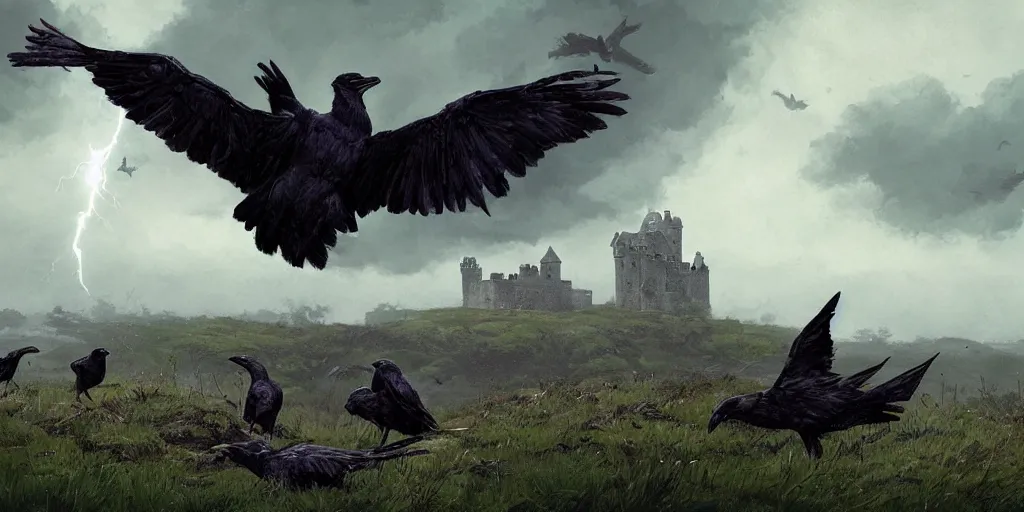 Image similar to A group of Ravens sit around a fallen solider, a medieval castle in the distance, dark fantasy, stormy sky, lightning, digital art by Greg Rutkowski and Studio Ghibli