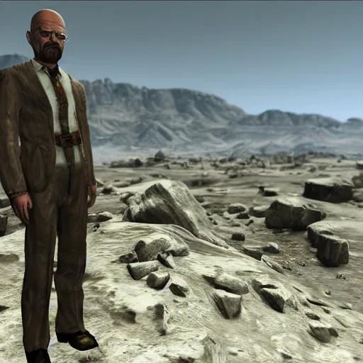 Prompt: Walter White in Fallout New Vegas, videogame screenshot