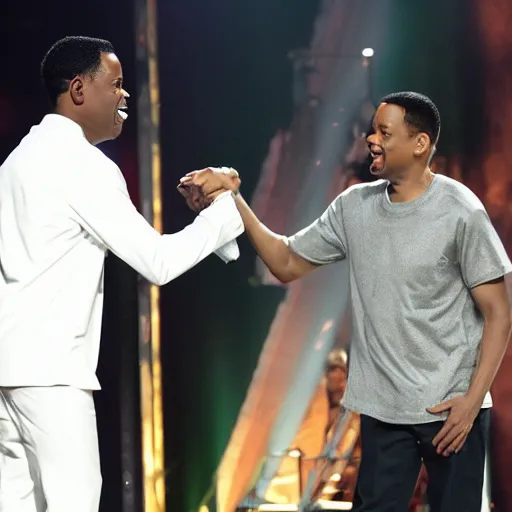 Image similar to chris rock slapping will smith on stage, cinematic, candid photography