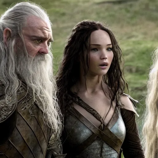 Image similar to first photos of 2 0 2 4 female lotr remake show 3 starts - jennifer lawrence as aragorn, megan fox as aragorn and florence pugh as gimli, ( eos 5 ds r, iso 1 0 0, f / 8, 1 / 1 2 5, 8 4 mm, postprocessed, 4 k )
