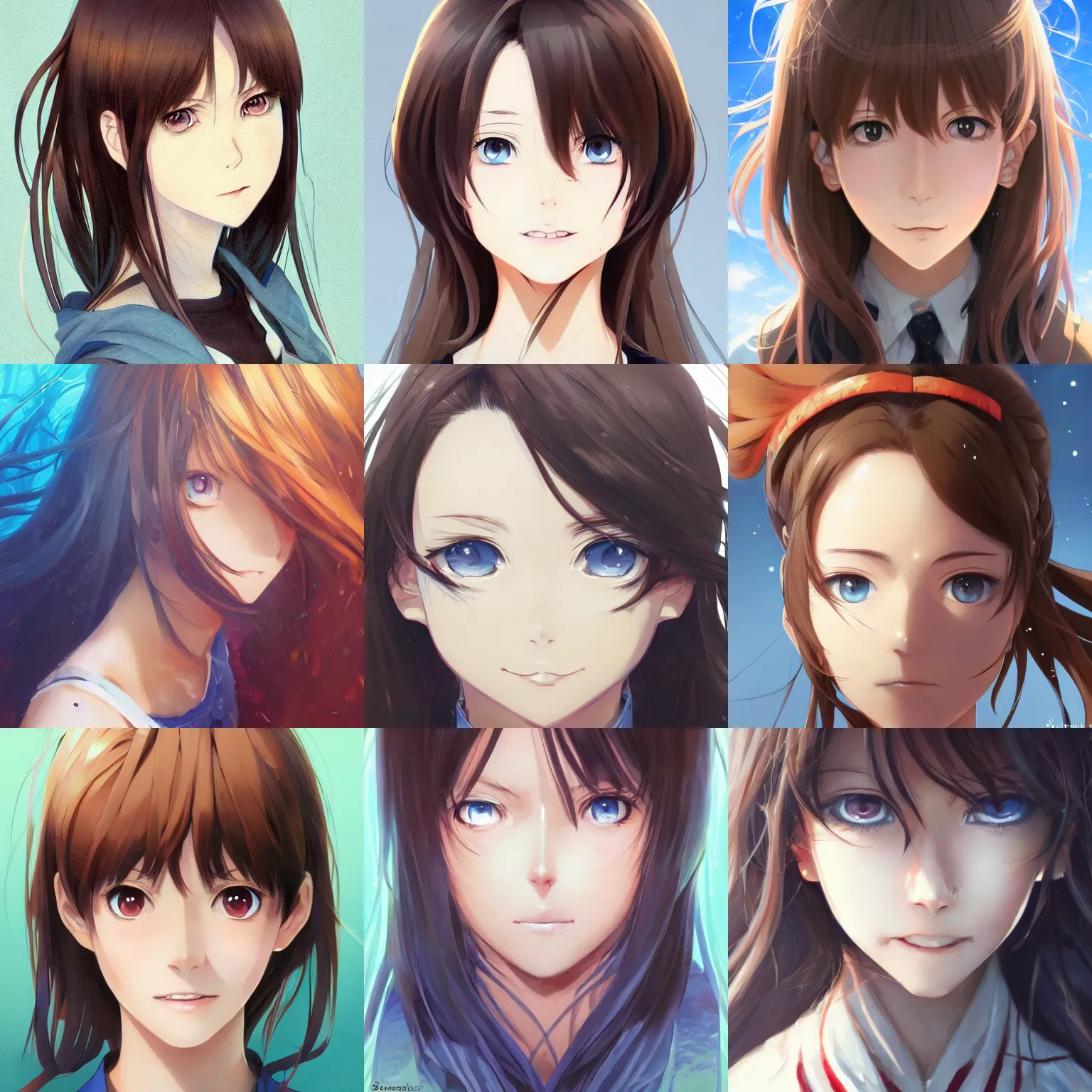 Prompt: An anime portrait of a woman with straight brown hair, smiling, with bright blue eyes, without glasses, and her whole head fits in the frame, by Stanley Artgerm Lau, WLOP, Rossdraws, James Jean, Andrei Riabovitchev, Marc Simonetti, and Sakimi chan, trending on artstation