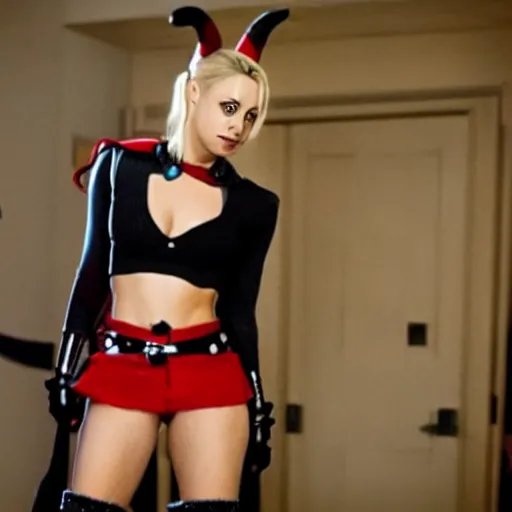 Image similar to A still of Kaley Cuoco as Harley Quinn, full-figure