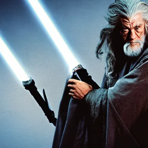 Image similar to gandalf fighting with a lightsaber in the star wars universe, dramatic lighting,