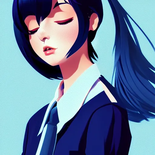 Image similar to urban high school girl in shirt fanart, dark blue long hair, muted colors, matte print, pastel colors, ornate, digital art, digital painting, fan art, elegant, artstation, by Ilya Kuvshinov