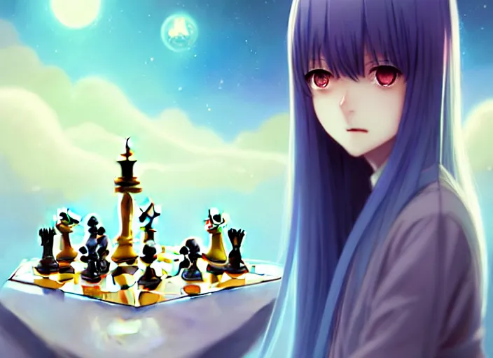 Image similar to rimuru playing chess, with amber eyes of gold color, straight hair, sky blue hair, long bangs, high collar, concept art, award winning photography, digital painting, cinematic, by wlop, anime key visual, wlop, 8 k, by ross tran, tom bagshaw, andy warhol