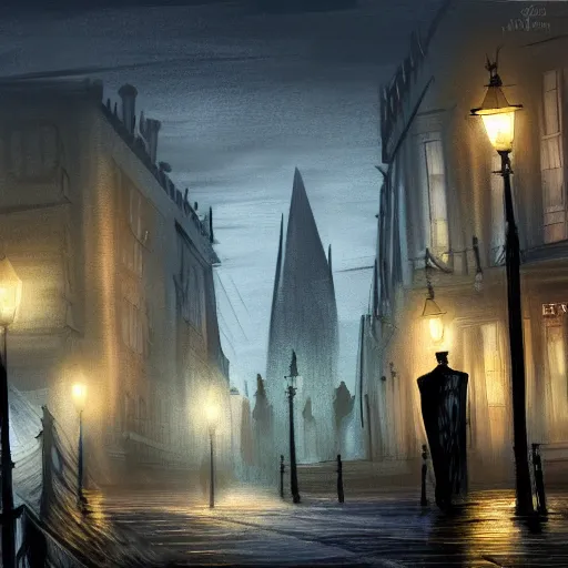 Image similar to Jack the Ripper in London at night, concept art, digital painting