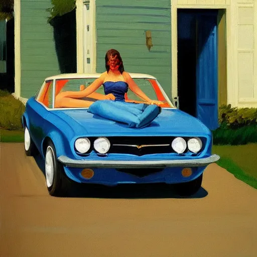 Image similar to Half body portrait with car, dated a woman that lived on Cooterneck Road, She had a catfish Camero and was cooler than me, by Edward Hopper, Bo Bartlett, and Cynthia Sheppard, Artstation