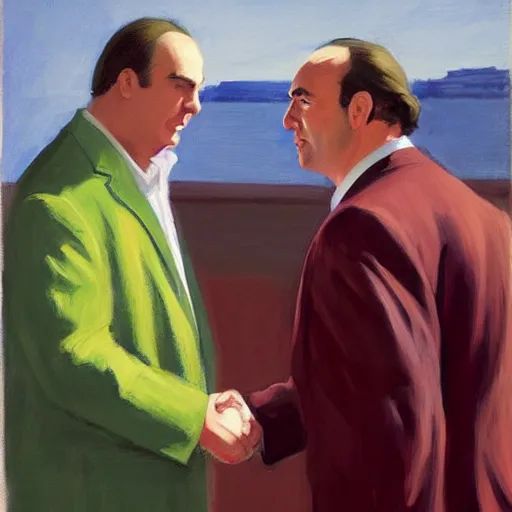 Image similar to tony soprano shaking hands with saul goodman, art by edward hopper, detailed,