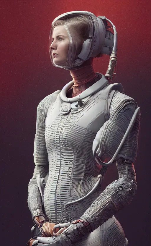 Image similar to portrait of a woman wearing a science fiction suit, technology, sci fi, beautiful detailed intricate insanely detailed octane render, 8K artistic photography, photorealistic, chiaroscuro, by Raphael, Caravaggio, directed by Denis Villeneuve, cinestill 800t