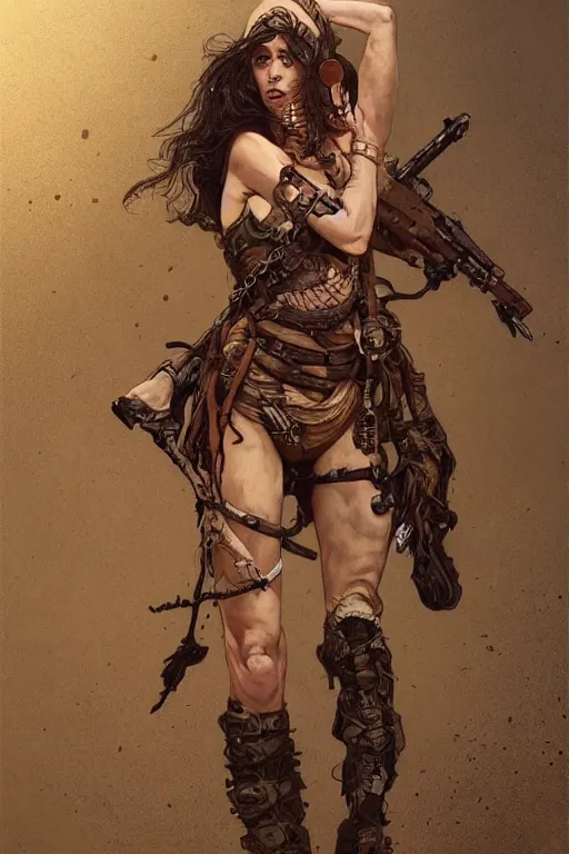 Image similar to a full body portrait of a beautiful post apocalyptic offworld desert savage rogue in ballet pose by the emerald oasis pools, intricate, elegant, highly detailed, digital painting, artstation, concept art, smooth, sharp focus, illustration, art by krenz cushart and artem demura and alphonse mucha