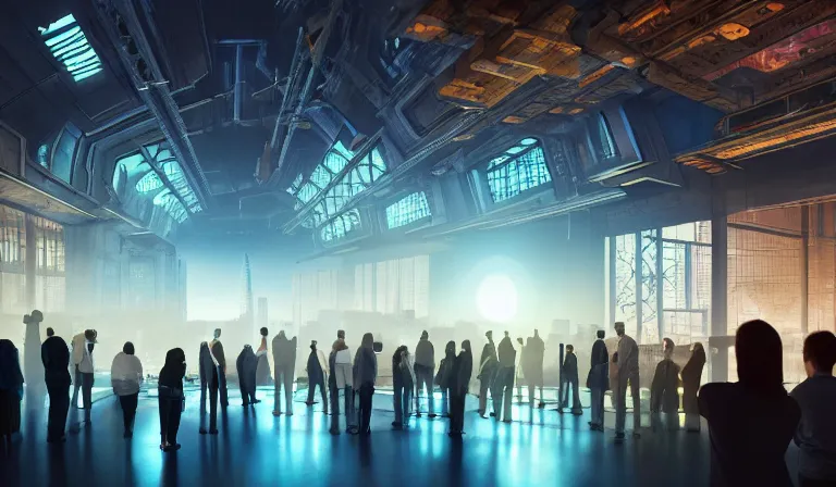 Image similar to large group of people in walled warehouse, looking at hologram of futuristic city on a table, cinematic concept art, godrays, golden hour, natural sunlight, 4 k, clear details, tabletop model buildings, center model buildings, hologram center, crane shot, crane shot, crane shot