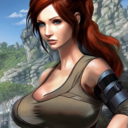 Image similar to concept art illustration of christina hendricks as lara croft anime protagonist