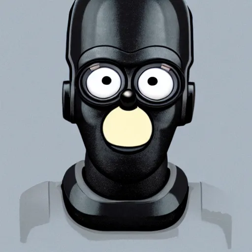 Image similar to a cyborg Homer Simpson, made of matte metal. His eyes are white with a black pupil. It is a whole head and body image