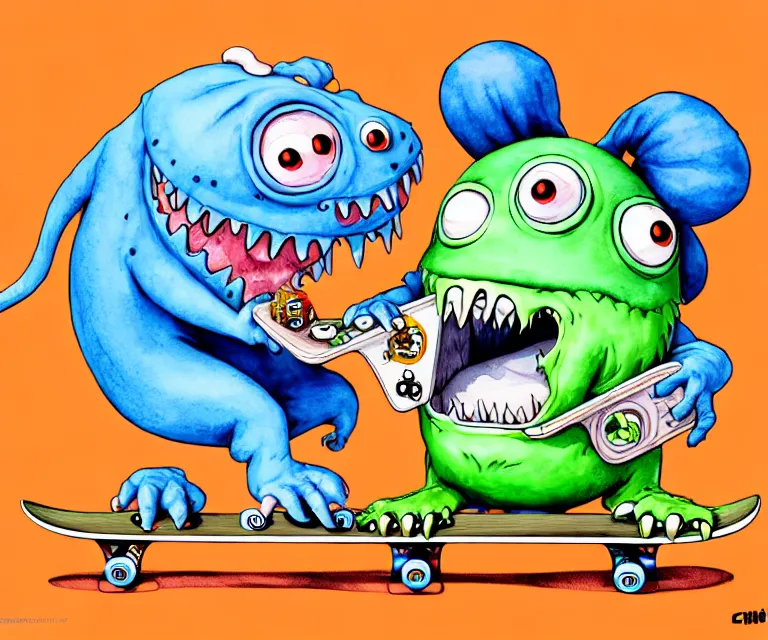 Prompt: cute and funny, monster on a skateboard, ratfink style by ed roth, centered award winning watercolor pen illustration, isometric illustration by chihiro iwasaki, edited by range murata, tiny details by artgerm and watercolor girl, symmetrically isometrically centered