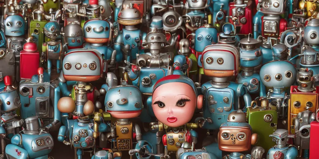 Image similar to closeup portrait of tin toy retro robot city diorama, depth of field, f 3 2, zeiss lens, detailed, centered, fashion photoshoot, by nicoletta ceccoli, mark ryden, lostfish, breathtaking, 8 k resolution, extremely detailed, beautiful, establishing shot, artistic, hyperrealistic, octane render, - h 8 0 4