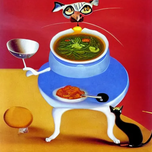 Image similar to anthropomorphic cat chef cooking a delicious colorful soup, by Salvador Dali