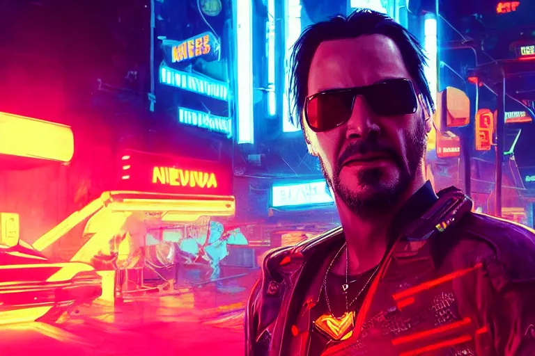 Prompt: Photo of Keanu Reeves on neon street in Cyberpunk 2077 Game, synthwave, artstation art, night, professional light