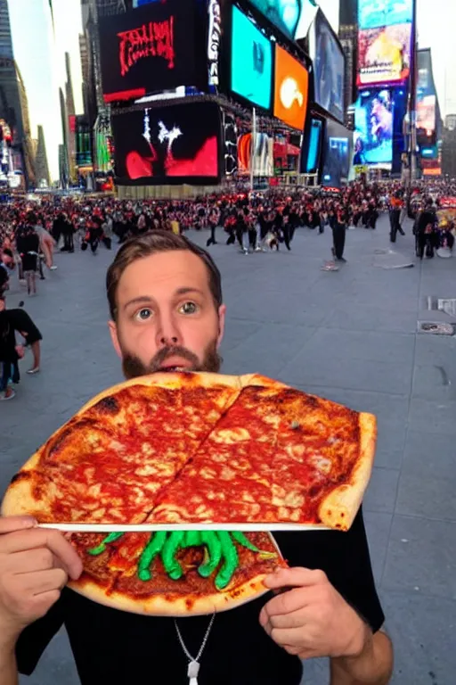 Image similar to a Cthulhu rapper eating pizza in Times Square