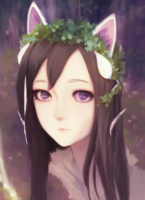 Image similar to anime girl with cat ears, druid girl, gorgeous face, anime style, digital art, by makoto shinkai, by wenjun lin, perfect shading