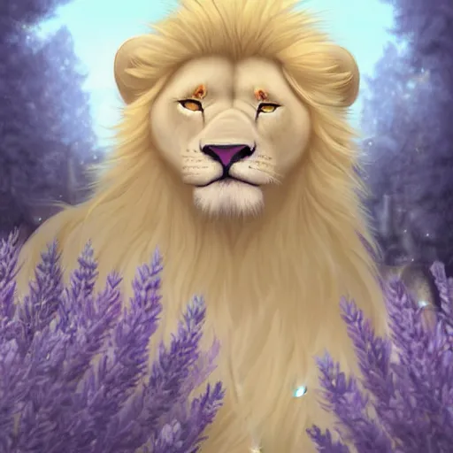 Prompt: aesthetic portrait commission of a albino male furry anthro lion under a lavender tree surrounded by by soap bubbles while wearing a masculine cozy soft pastel winter outfit, softest winter atmosphere. character design by artgerm, and makoto shinkai, detailed, inked, western comic book art, 2 0 2 0 award winning painting