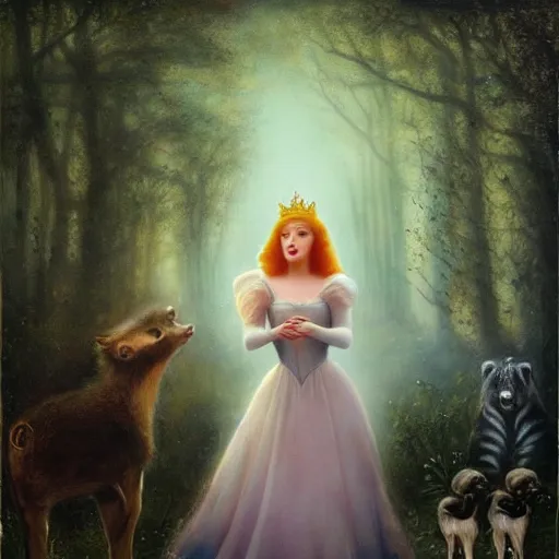 Image similar to A beautiful street art of Princess Aurora singing in the woods while surrounded by animals. She looks so peaceful and content in the company of the animals, and the colors are simply gorgeous. flash photography by Brian Mashburn, by Arnold Böcklin