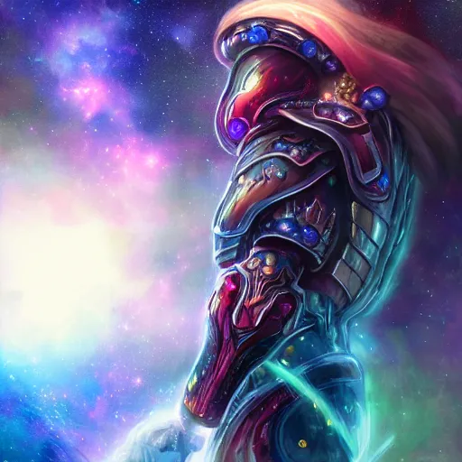 Prompt: photorealistic fantasy cosmic concept art of a cosmic god with armor made out of planets and dark matter, hovering in a unknown galaxy, fully body portrait, cinematic, dynamic lighting, ultra detailed, creative, trending on art station, creative