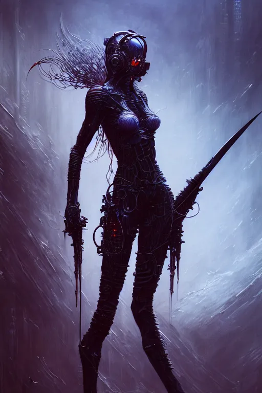 Image similar to a highly detailed long shot photo of cyberpunk female character by ayami kojima, elf, beksinski, giger, elf, wielding scythe, intricate, digital painting, artstation, concept art, smooth, sharp focus, full body