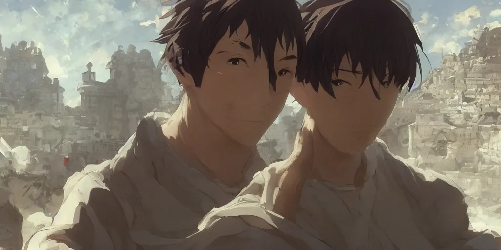 Image similar to a film still portrait of phil spencer, finely detailed features, closeup at the faces, perfect art, at an ancient city, gapmoe yandere grimdark, trending on pixiv fanbox, painted by greg rutkowski makoto shinkai takashi takeuchi studio ghibli, akihiko yoshida,