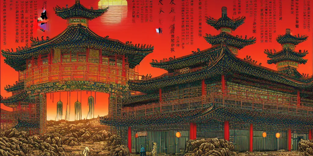 Image similar to artwork of a chinese prison by dan mumford and toshi yoshida and peter doig, vintage scifi, highly detailed, dramatic lighting, 8 k