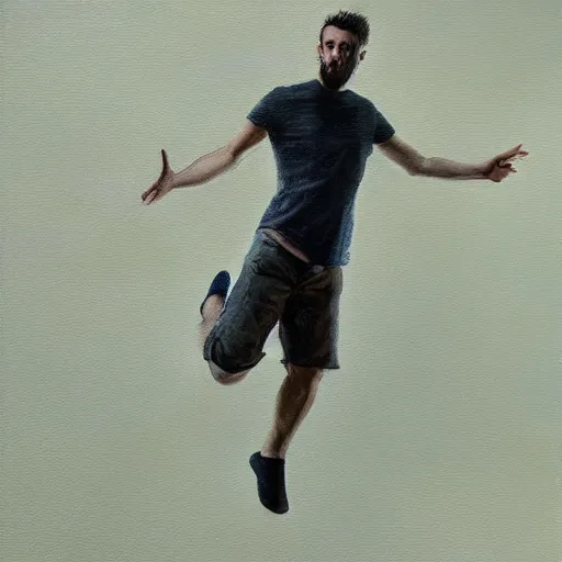 Image similar to man floating in air in a void, oil painting, pale colors, high detail, 8 k, wide angle, trending on artstation,