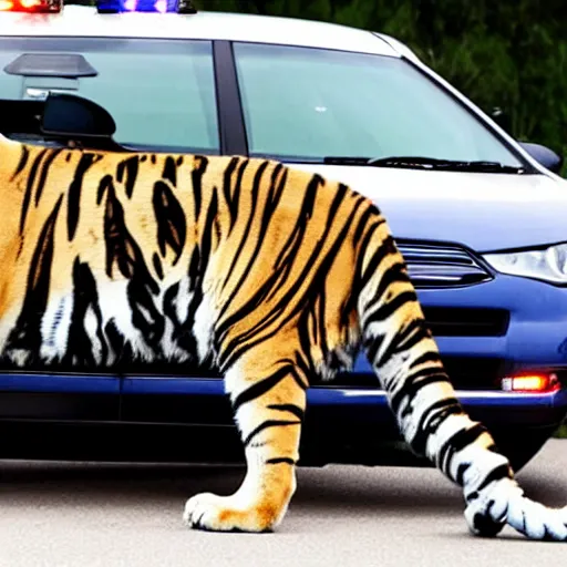 Prompt: police stop tiger in car