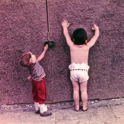 Prompt: little kids searching for the key. photo from the 7 0 s. hd, 8 k