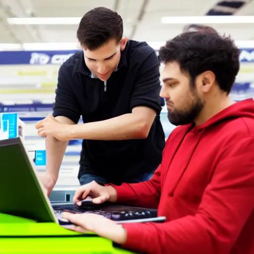 Image similar to hacker buying a laptop in electronics store