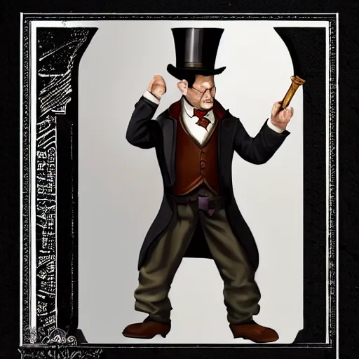 Prompt: an old halfling wearing a suit and top hat, character art, matte painting, D&D